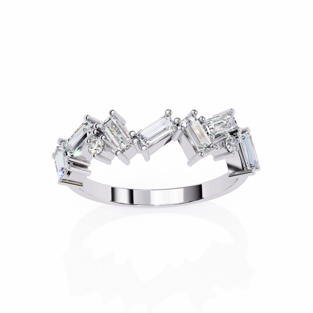Diamond ring with baguette cut stones on a white background