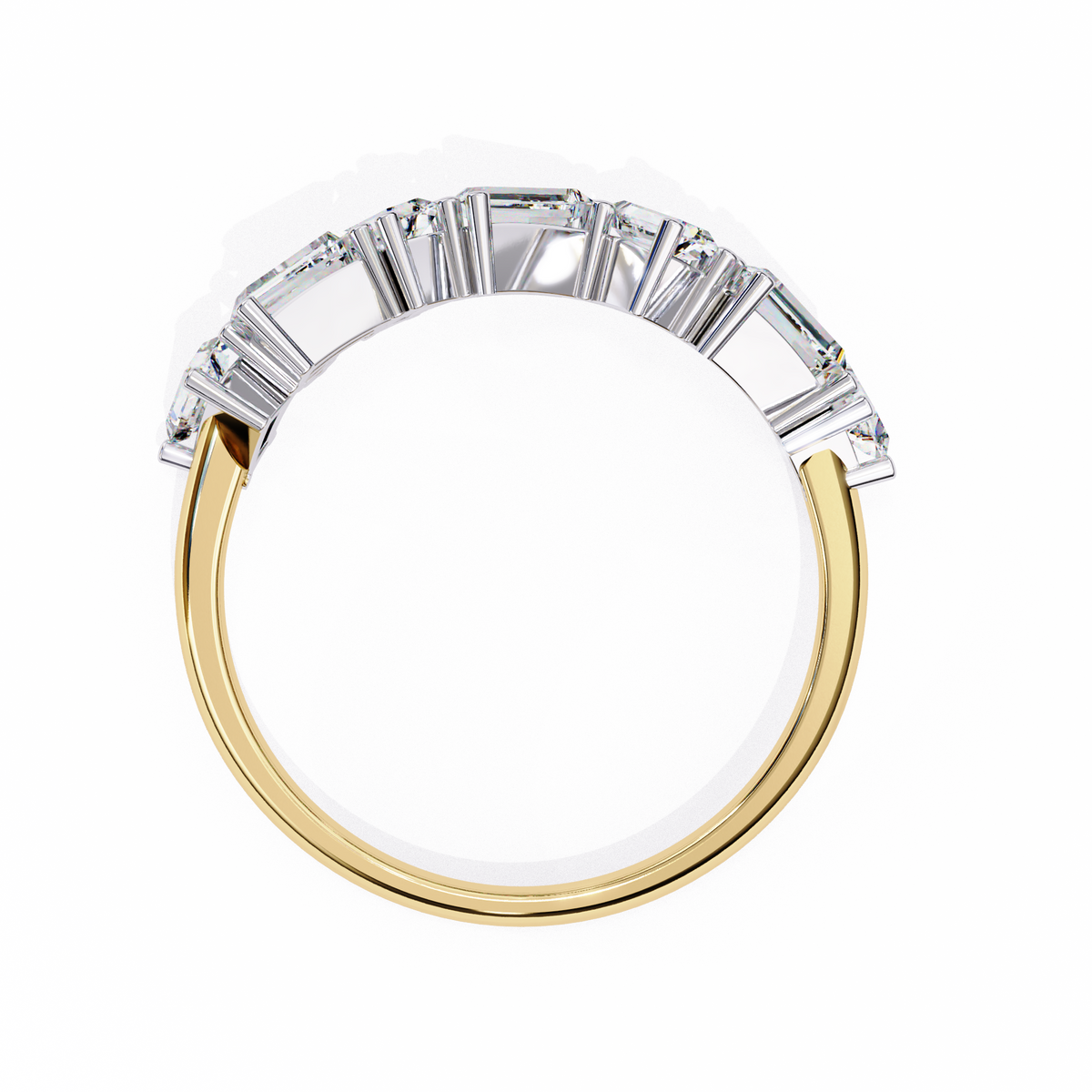 Gold ring with baguette-cut diamonds on a white background