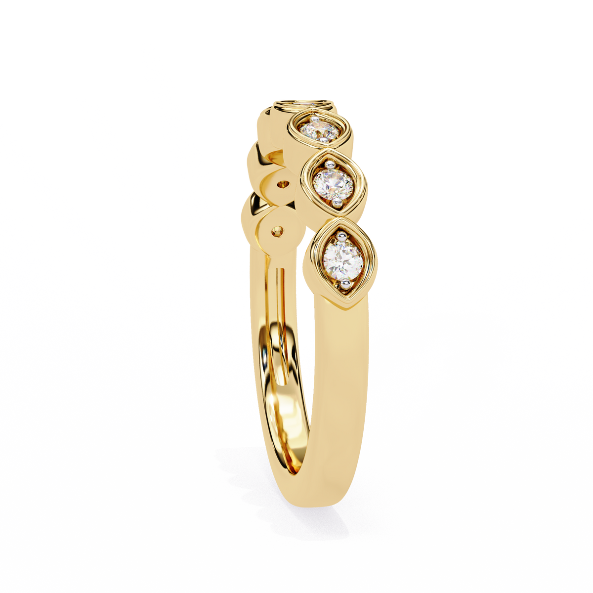 Gold ring with diamond accents on a white background