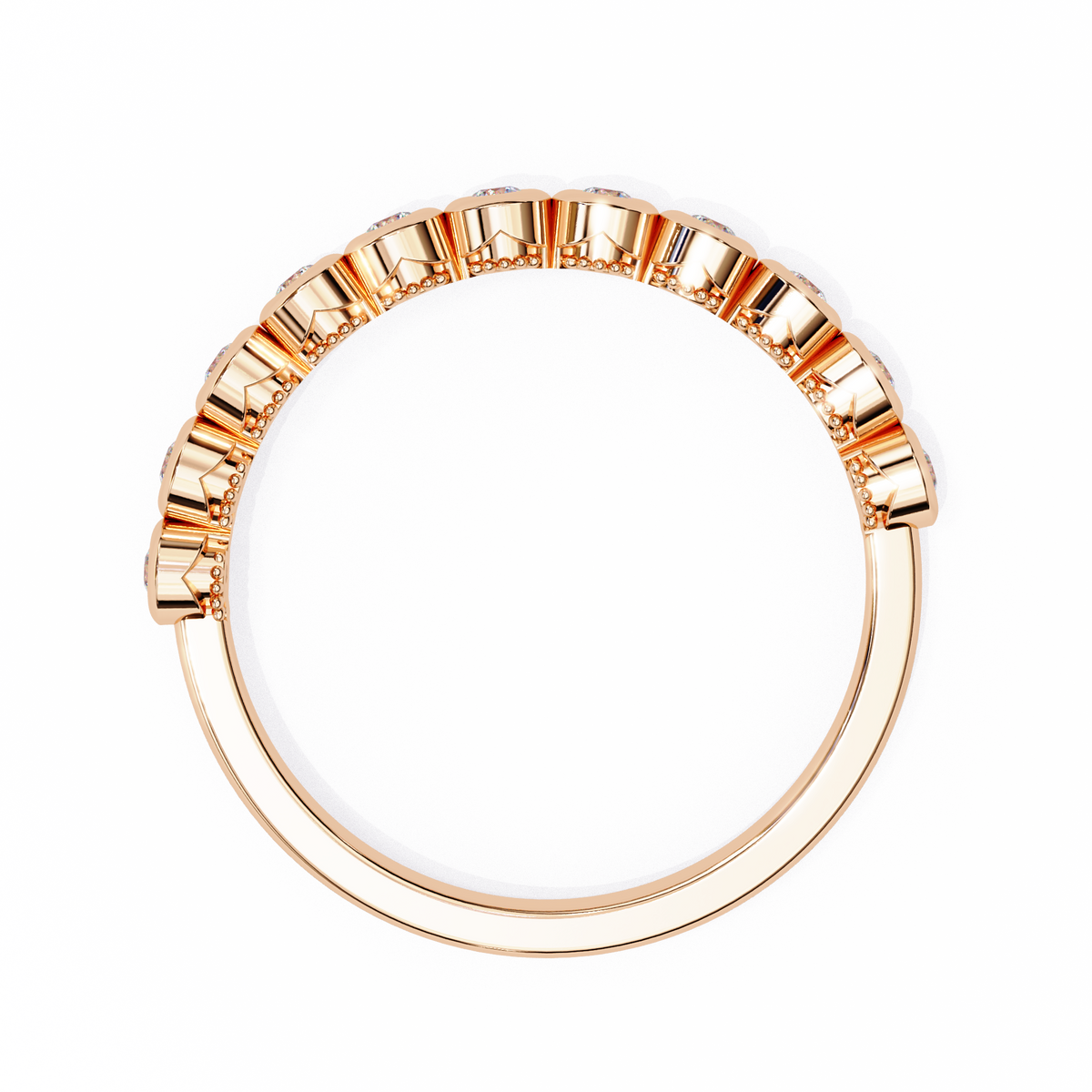 Rose gold ring with beaded design on a white background