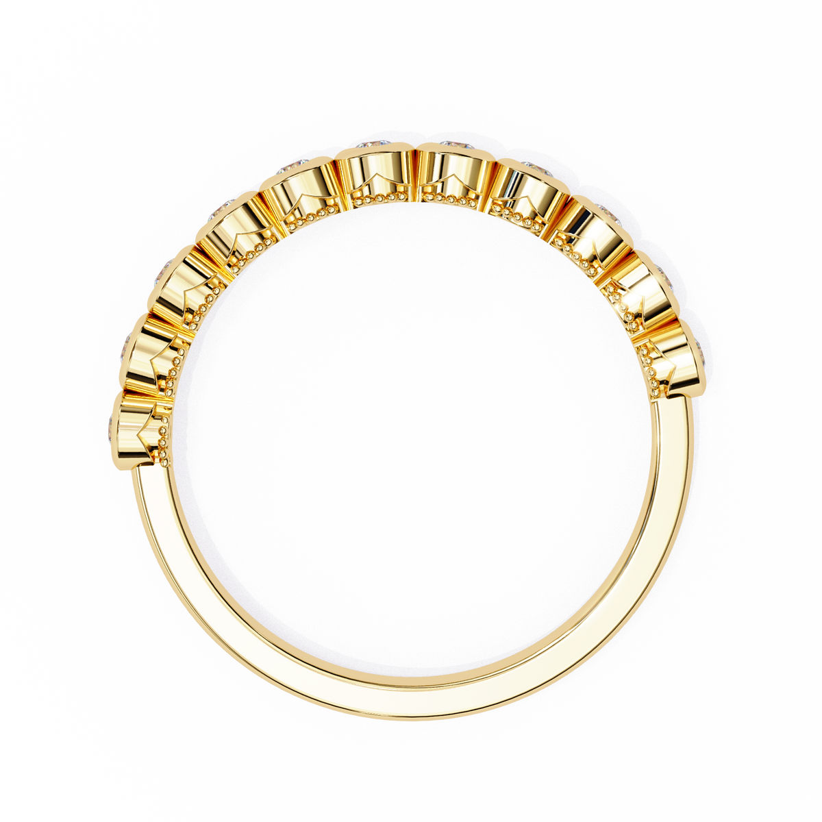 Gold ring with baguette-cut stones on a white background