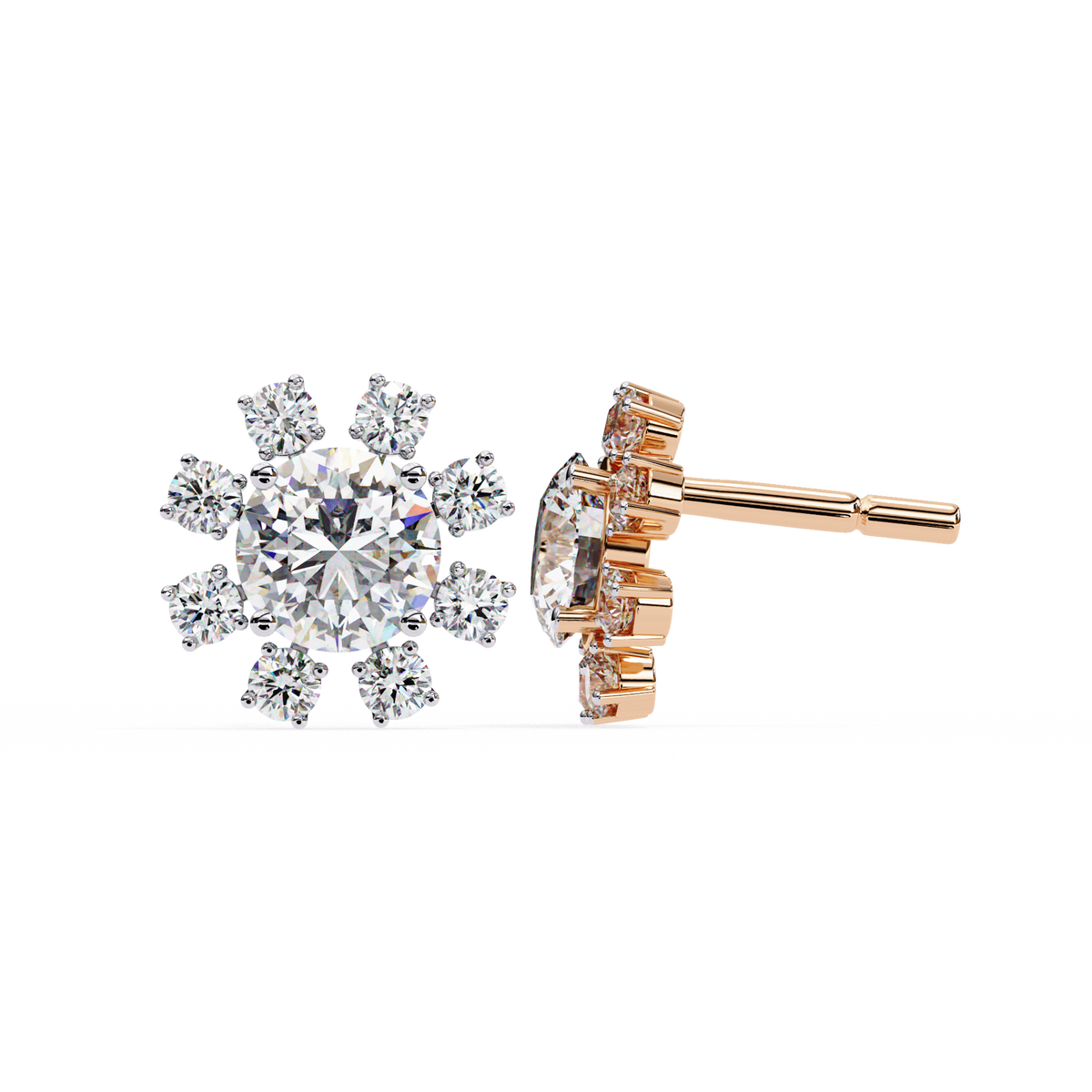 Snowflake-shaped diamond earrings on a white background