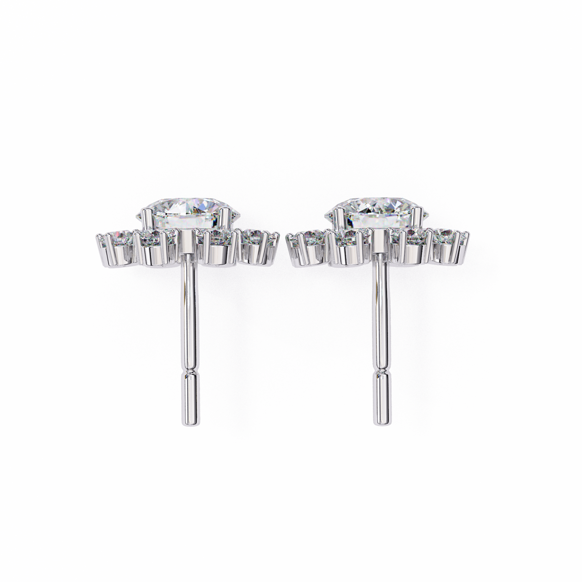 Pair of silver earrings with clear gemstones on a white background