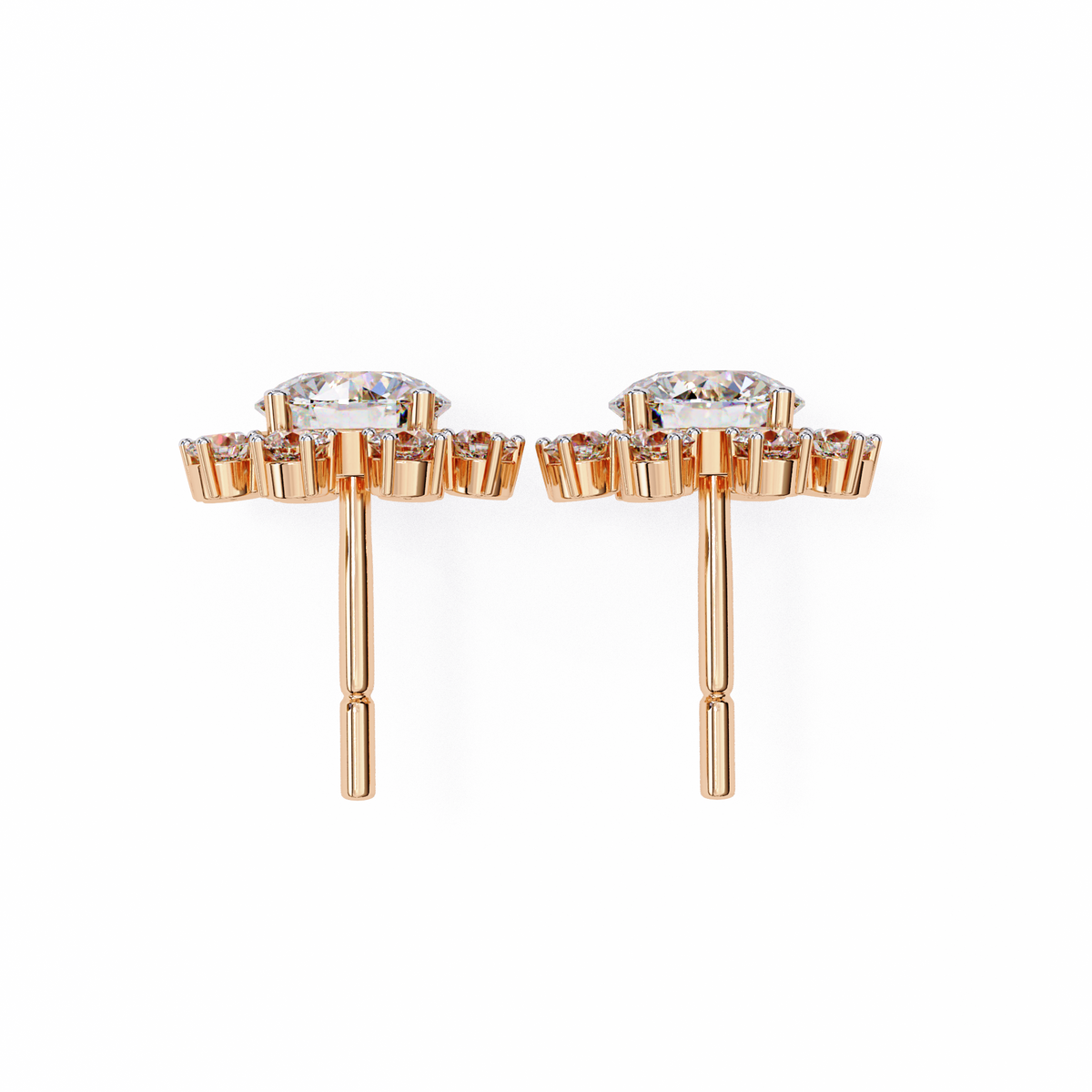 Rose gold earrings with clear gemstones on a white background
