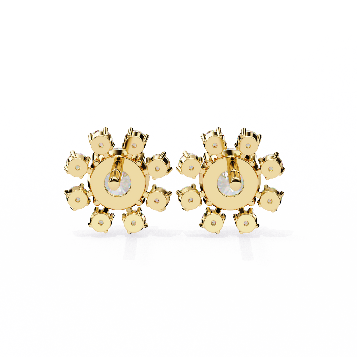 Gold earrings with circular design on a white background