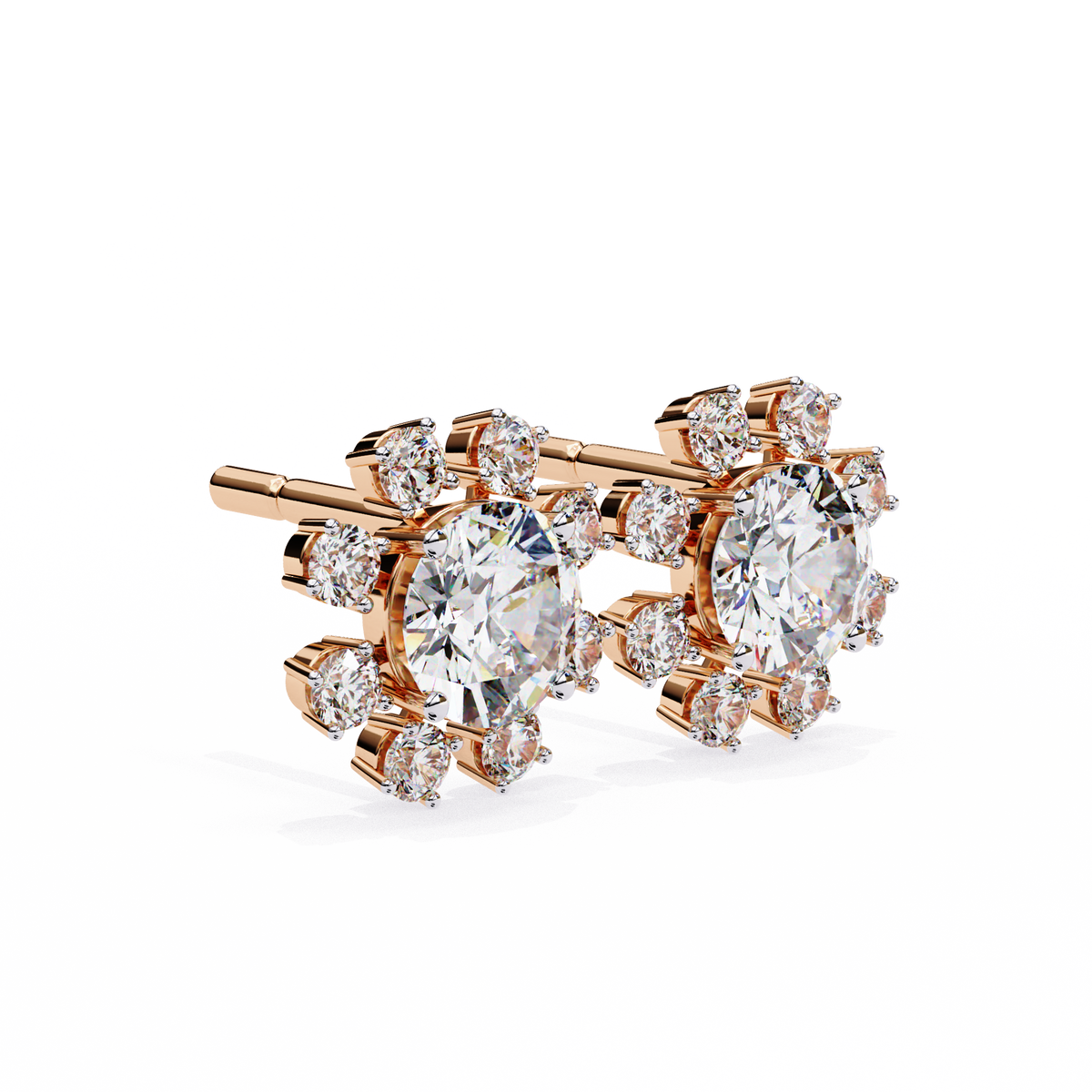 Rose gold diamond earrings on a white background