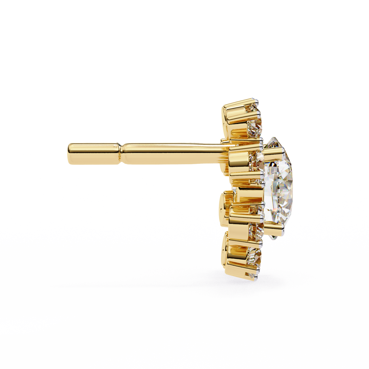Gold earring with a clear gemstone on a white background
