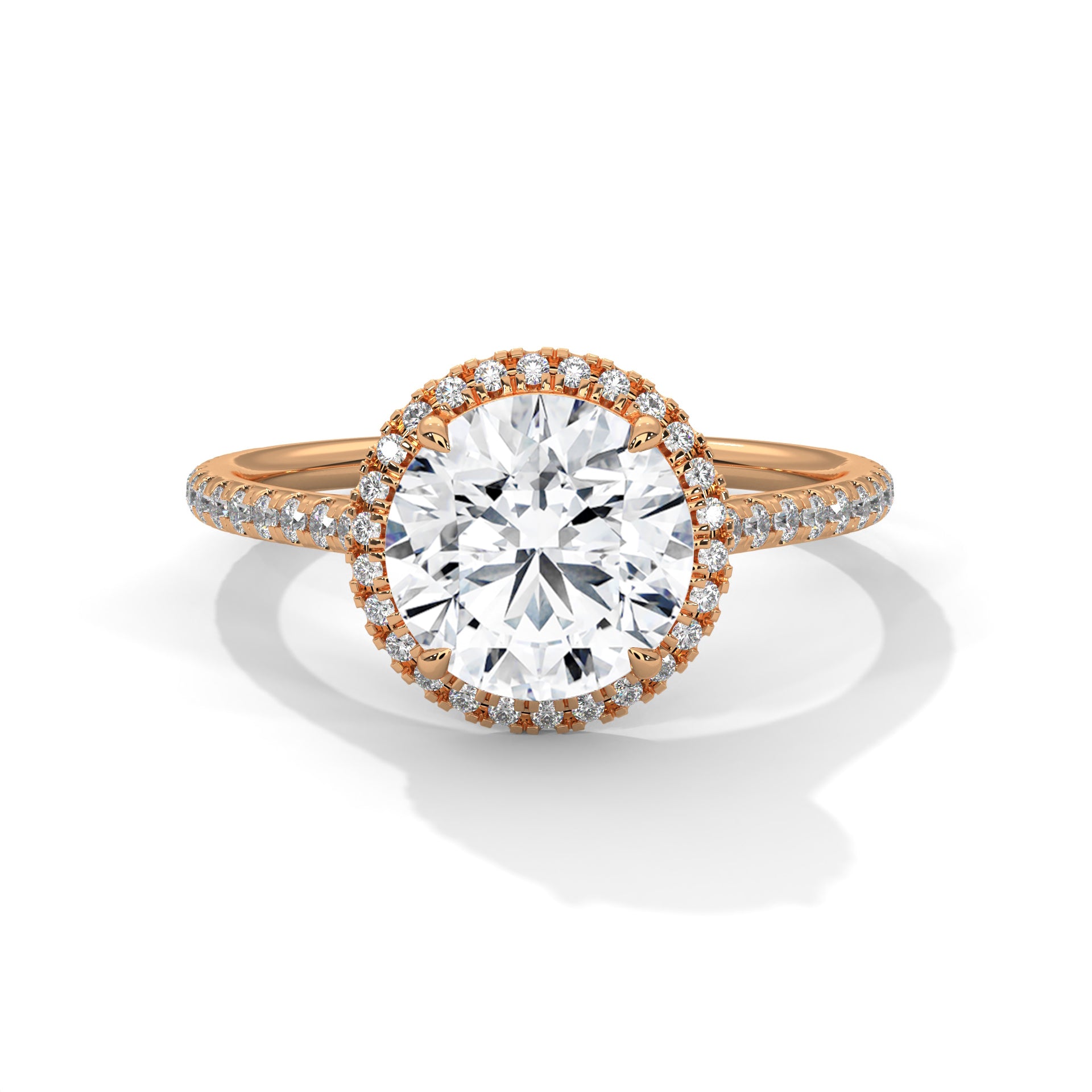 Rose gold diamond ring with a large central gemstone and smaller diamonds on a white background