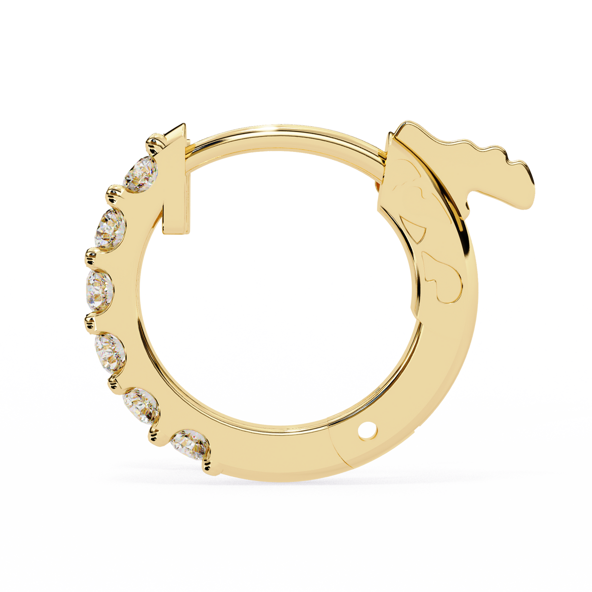 Gold hoop earring with embedded stones on a white background