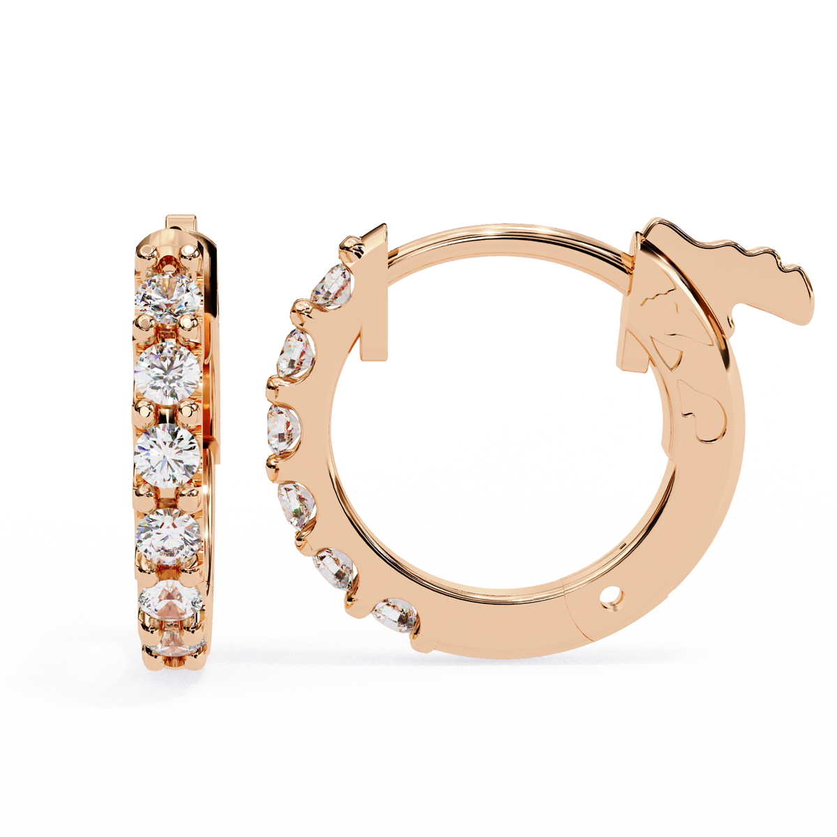 Rose gold hoop earrings with diamond accents on a white background