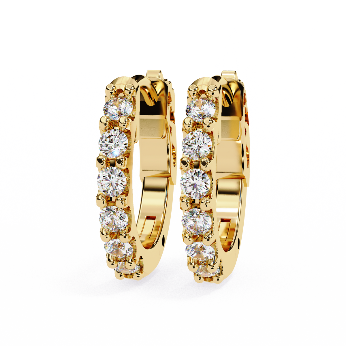 Gold hoop earrings with embedded diamonds on a white background