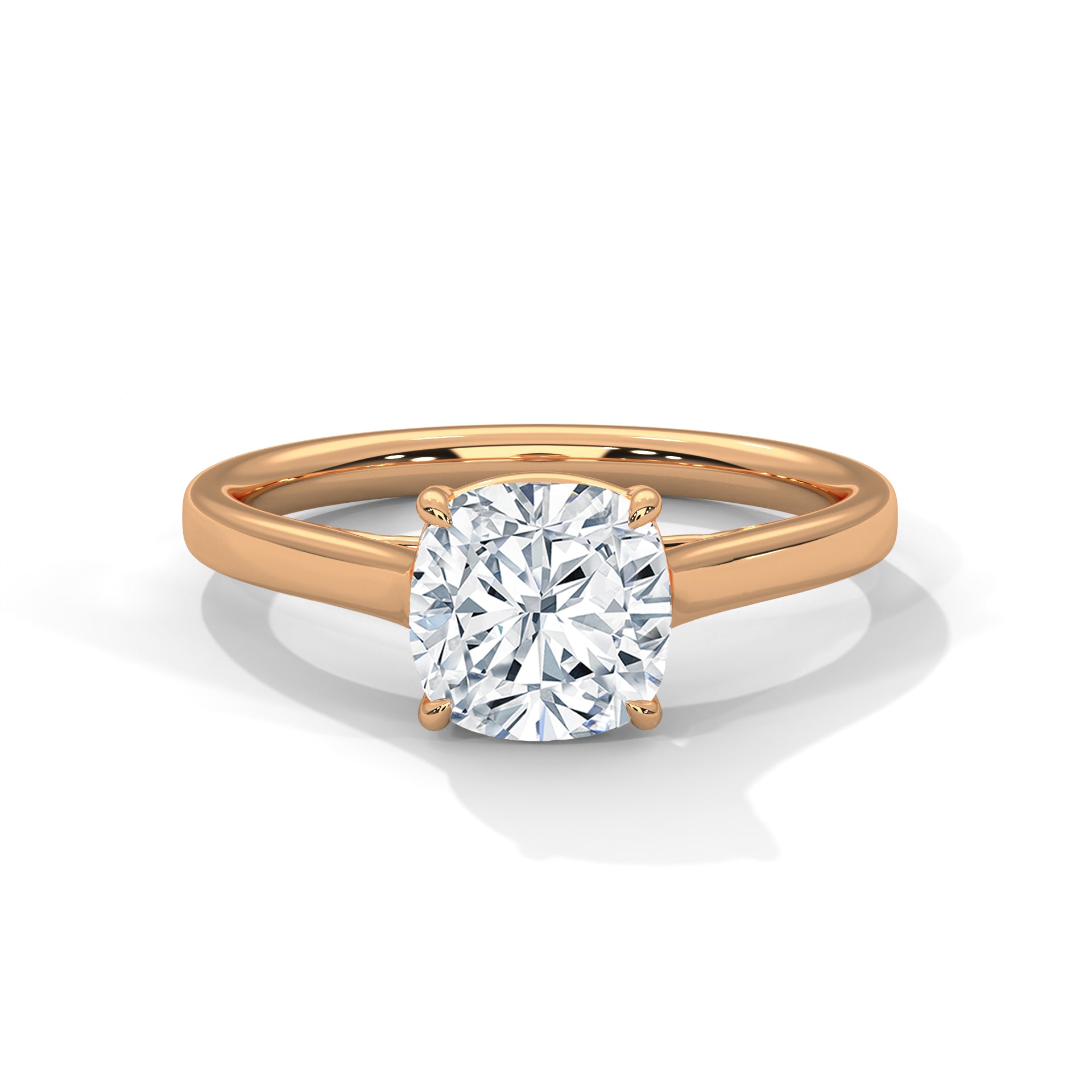 Rose gold ring with a large diamond on a white background
