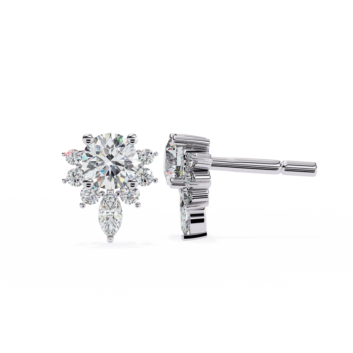 Round & Marquise Lab-Grown Diamond Floral Crown Cluster Stud Earrings