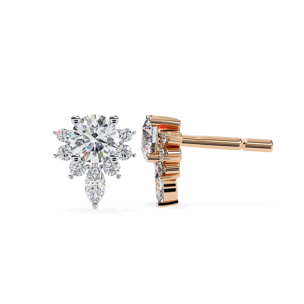Round & Marquise Lab-Grown Diamond Floral Crown Cluster Stud Earrings