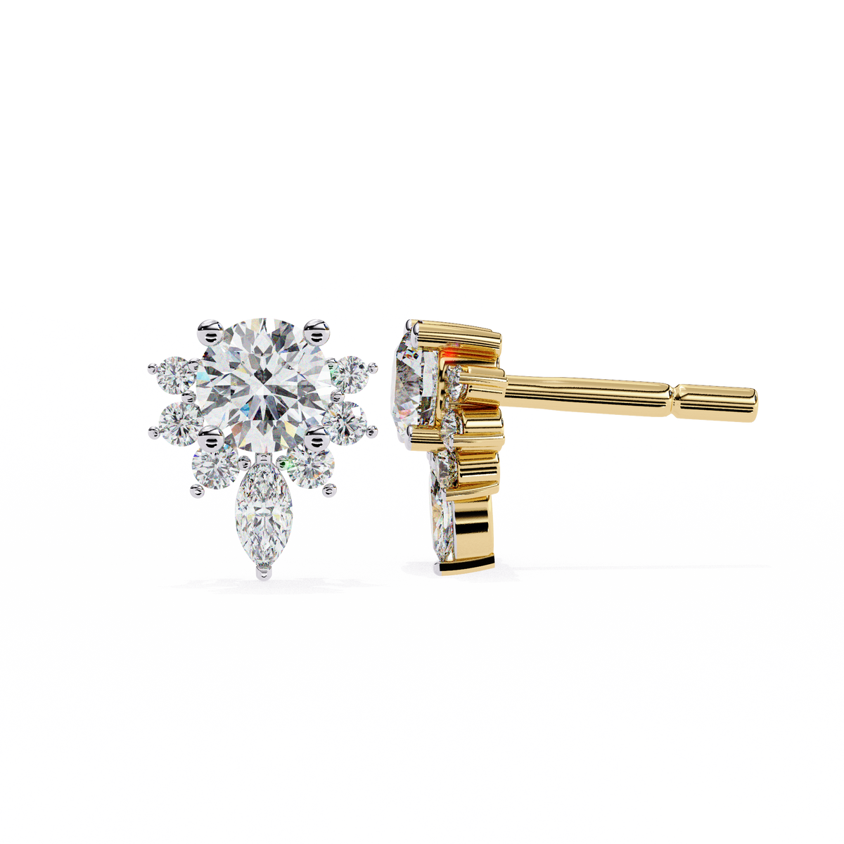 Round & Marquise Lab-Grown Diamond Floral Crown Cluster Stud Earrings