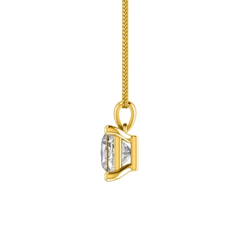 A gold pendant necklace featuring a rectangular clear gemstone in a prong setting, suspended from a delicate gold chain against a white background.