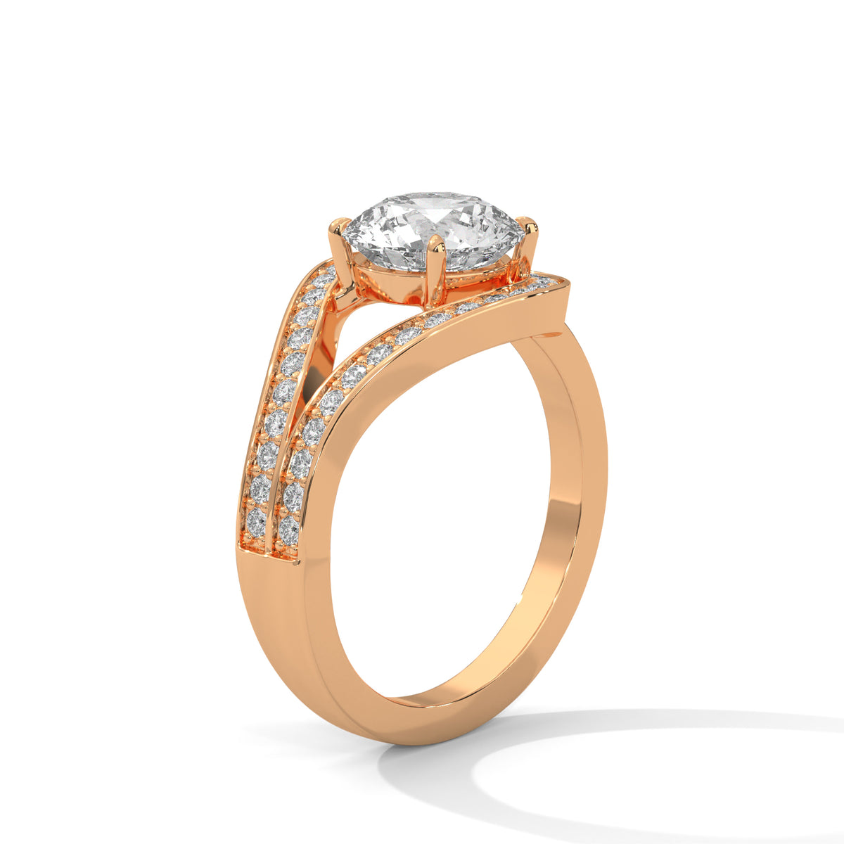 Rose gold ring with a large diamond and smaller diamonds on the band against a white background