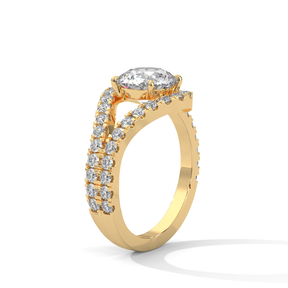 Gold ring with a large central diamond and smaller diamonds along the band on a white background