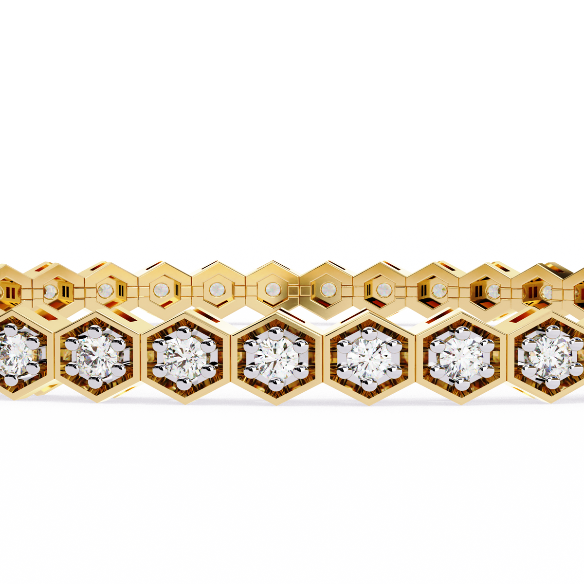 Gold bracelet with hexagonal diamond settings on a white background
