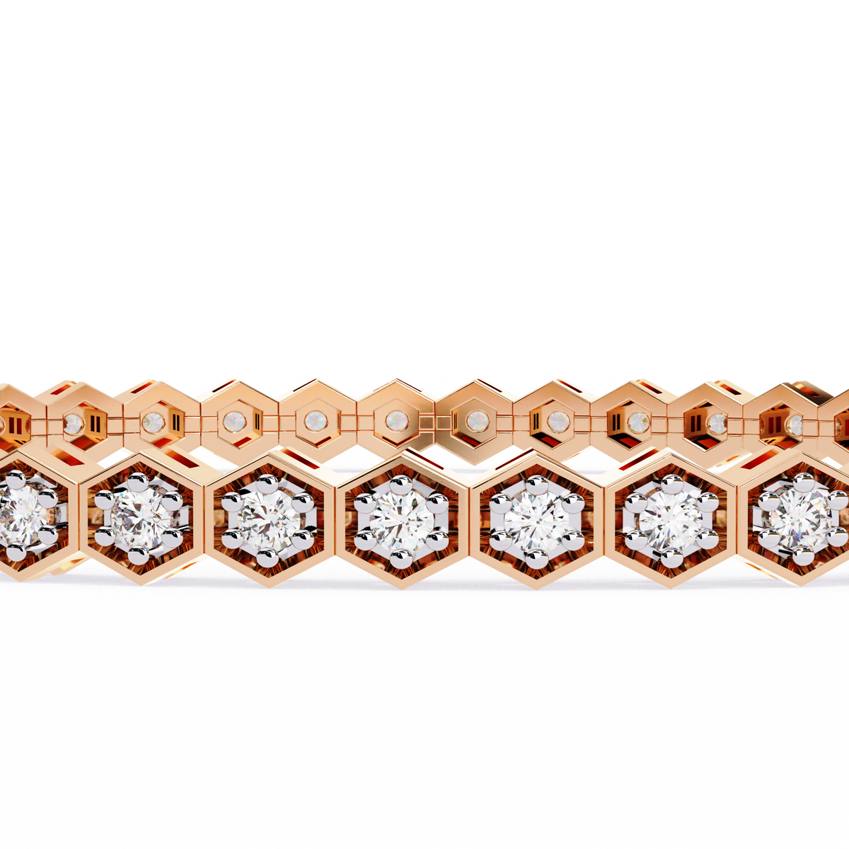 Rose gold bracelet with hexagonal diamond settings on a white background
