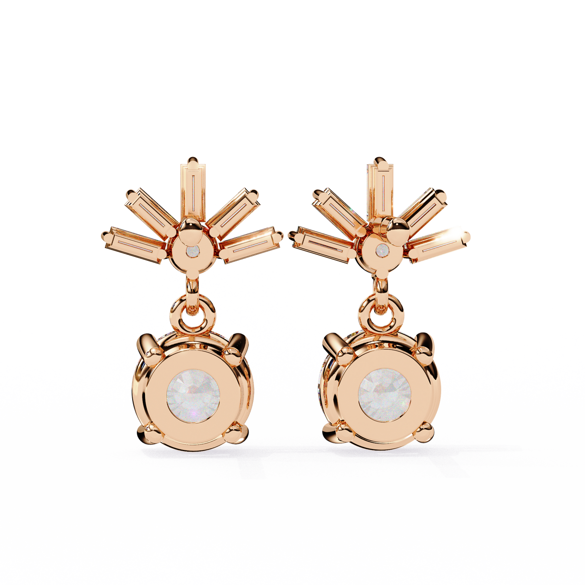 Rose gold earrings with star-like designs on a white background