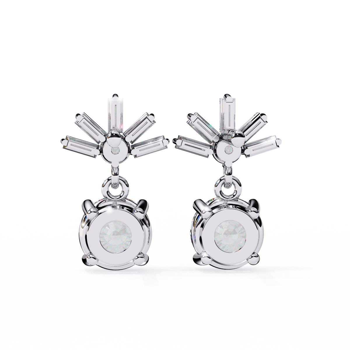 Silver earrings with clear gemstones on a white background