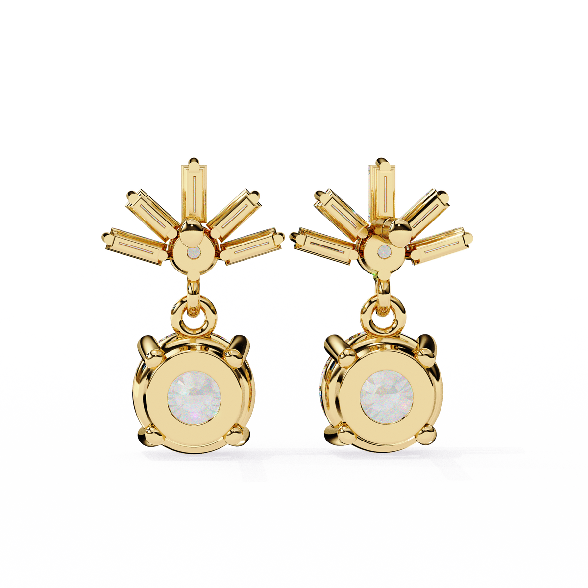 Gold earrings with starburst design on a white background