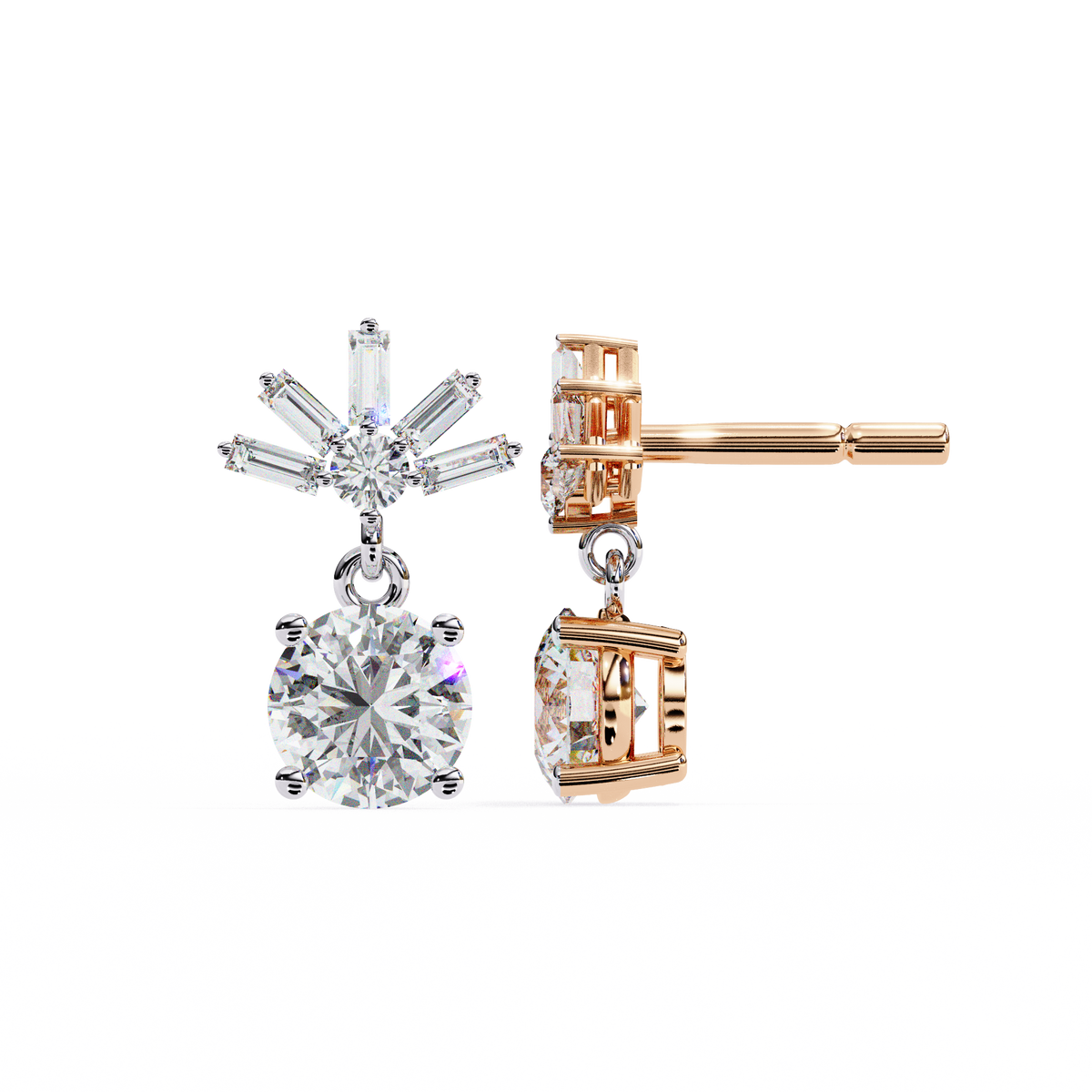 Two diamond earrings, one silver and one rose gold, on a white background.