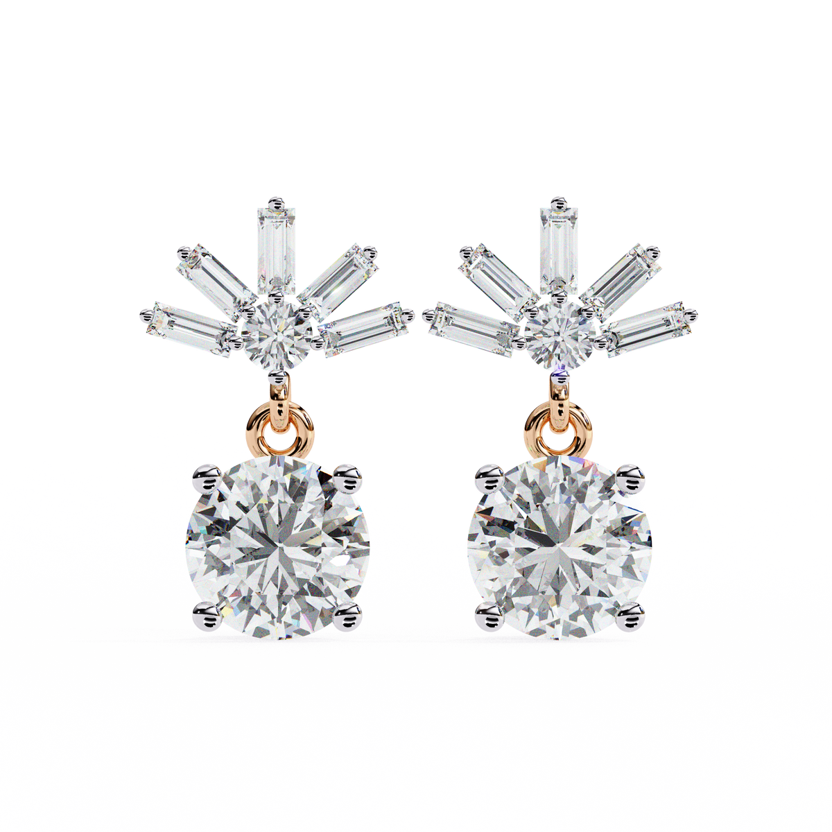 Diamond earrings with rose gold accents on a white background