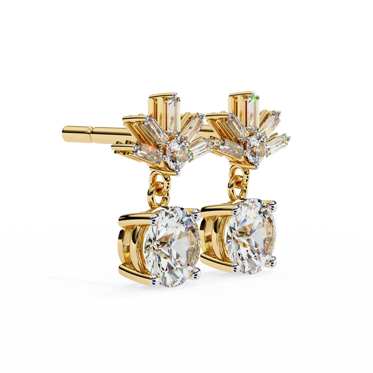 Round & Baguette Lab Grown Diamond Sunburst Drop Earrings 0.86 CT