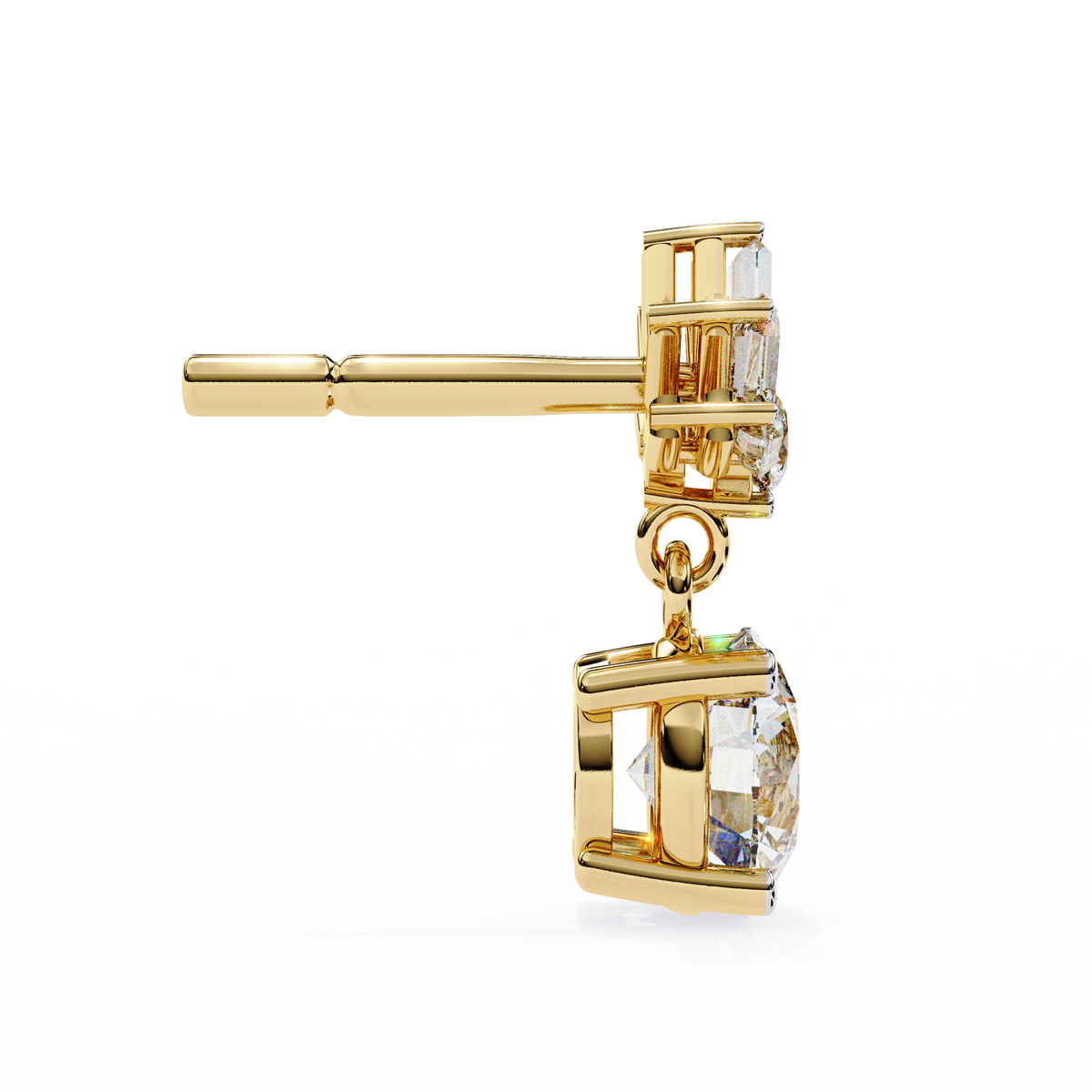Gold earring with clear gemstone on a white background