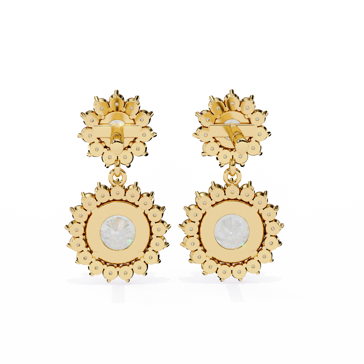 Gold floral earrings with circular center on a white background