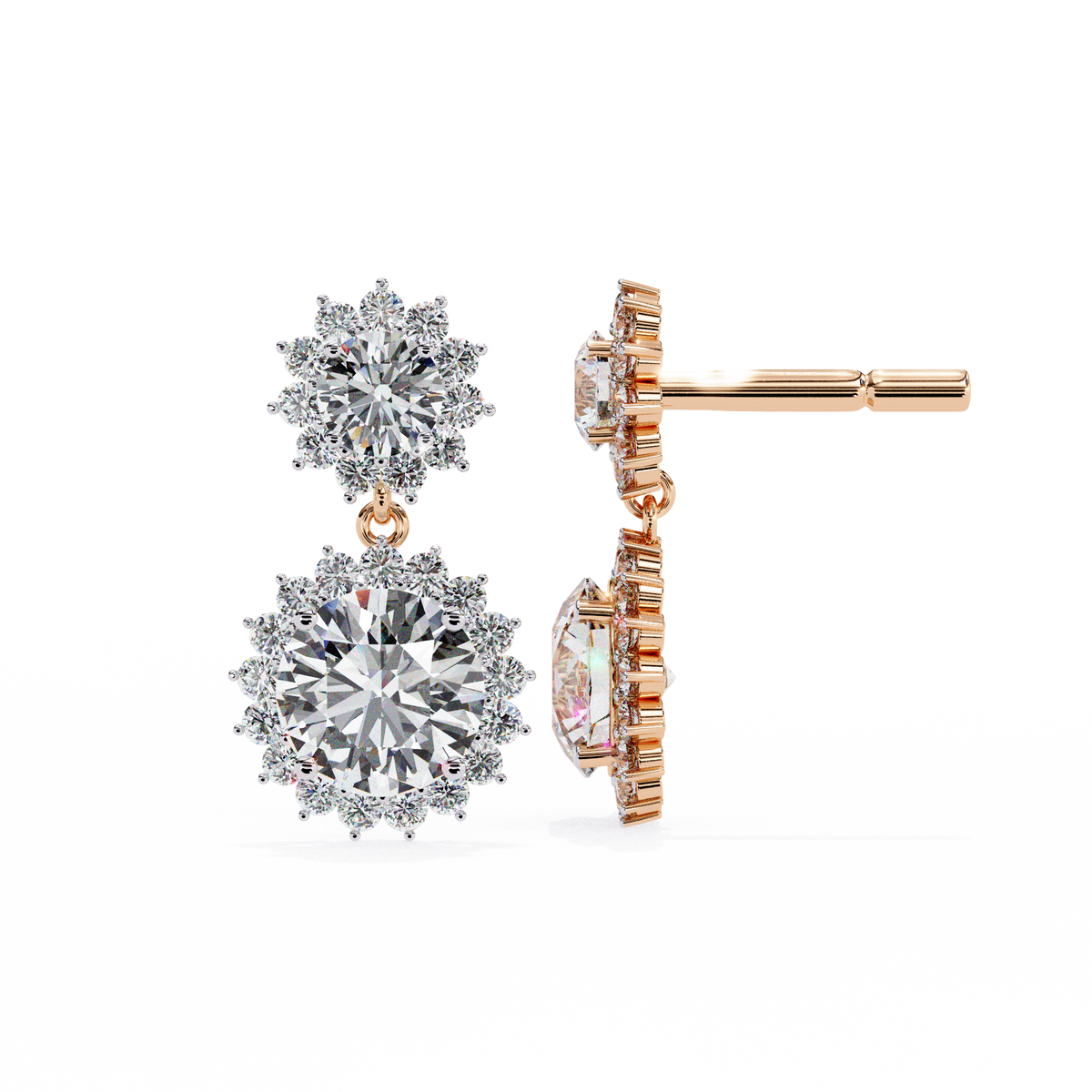Rose gold and silver diamond earrings on a white background