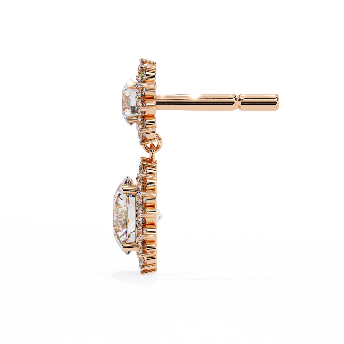 Rose gold earring with diamond detailing on a white background