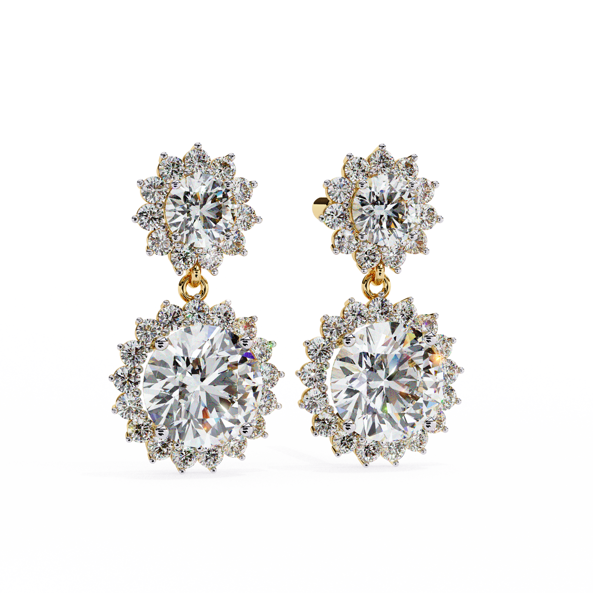 Round Lab Grown Diamond Double Floral Halo Drop Earrings 1.37 CT