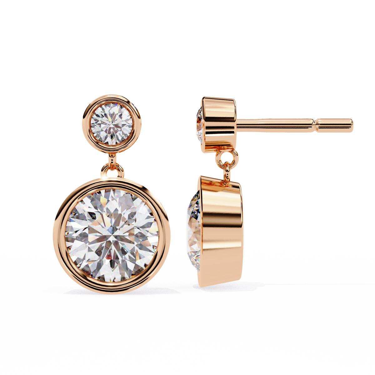 Rose gold earrings with large clear gemstones on a white background
