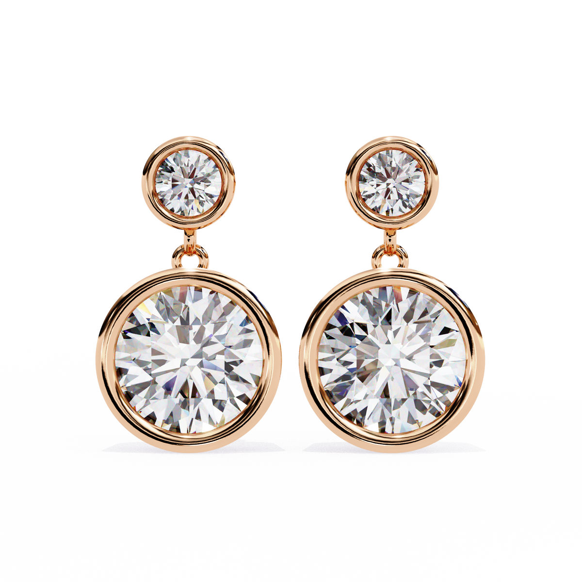 Rose gold earrings with large clear gemstones on a white background