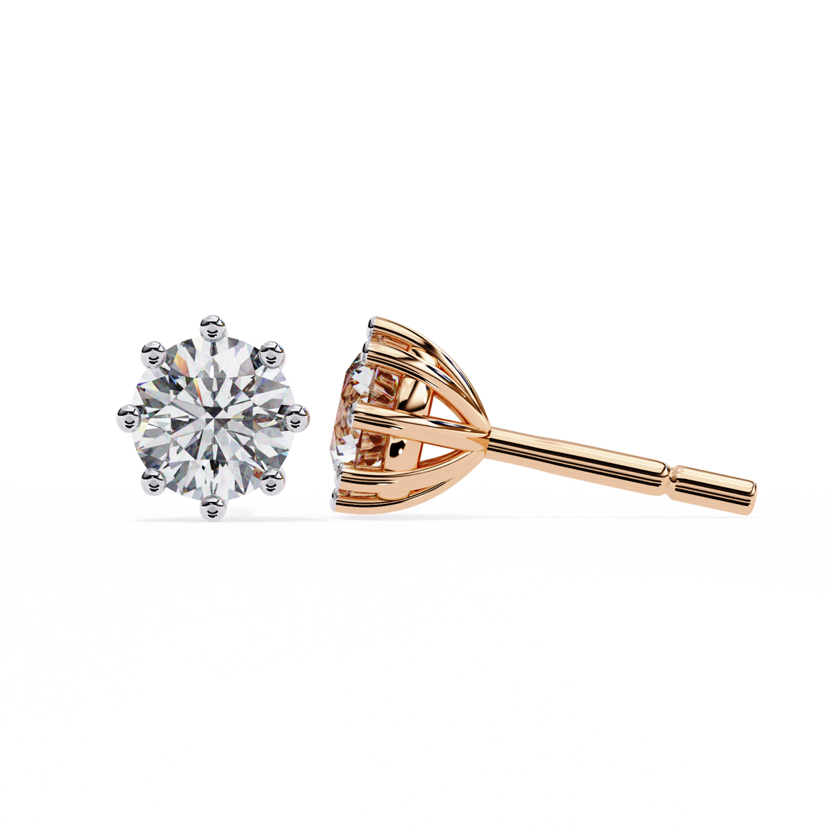 Rose gold and silver diamond stud earrings on a white background