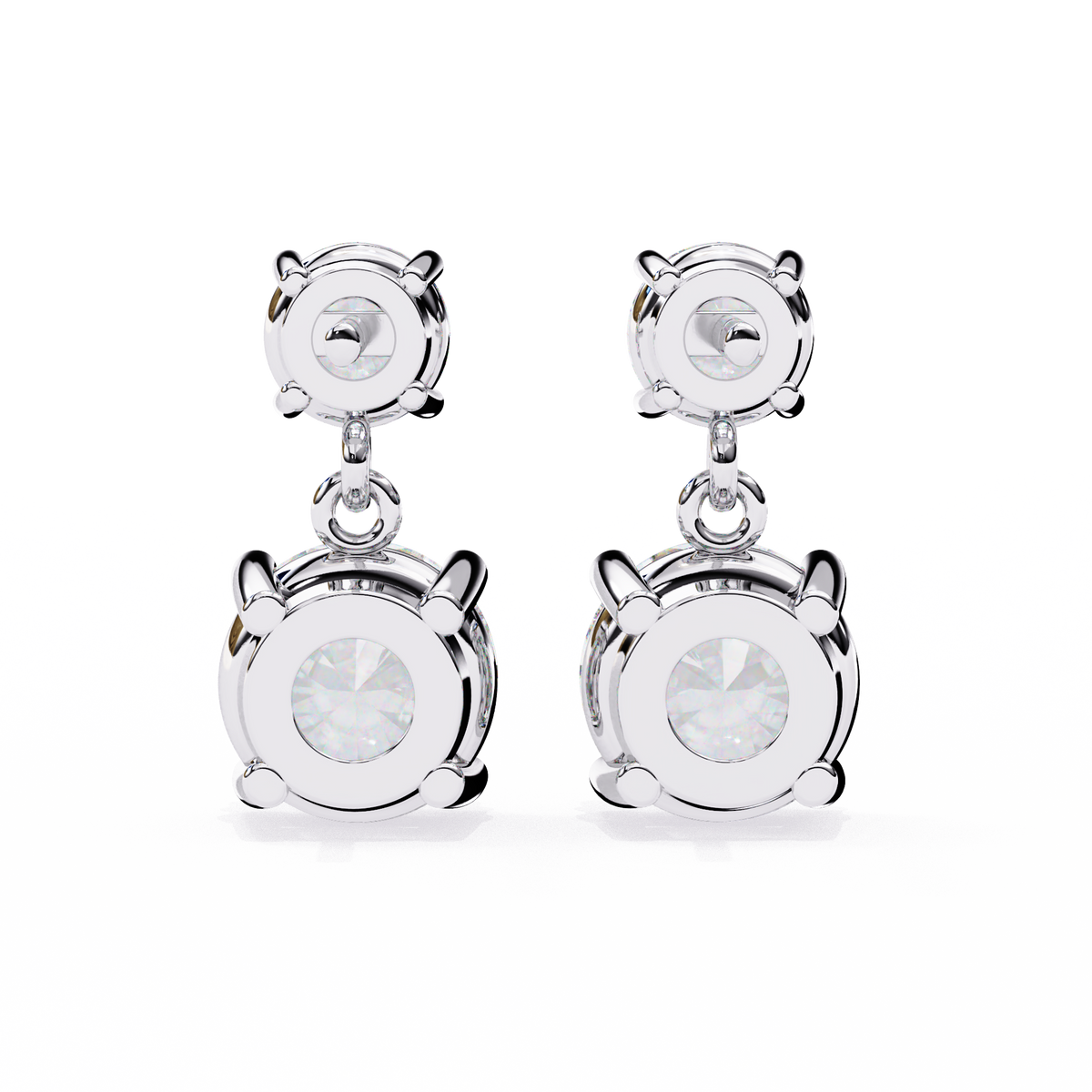Pair of silver earrings with clear gemstones on a white background