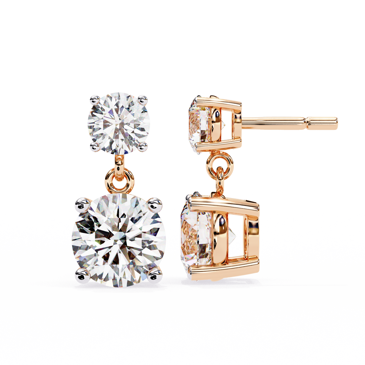 Rose gold earrings with large clear gemstones on a white background