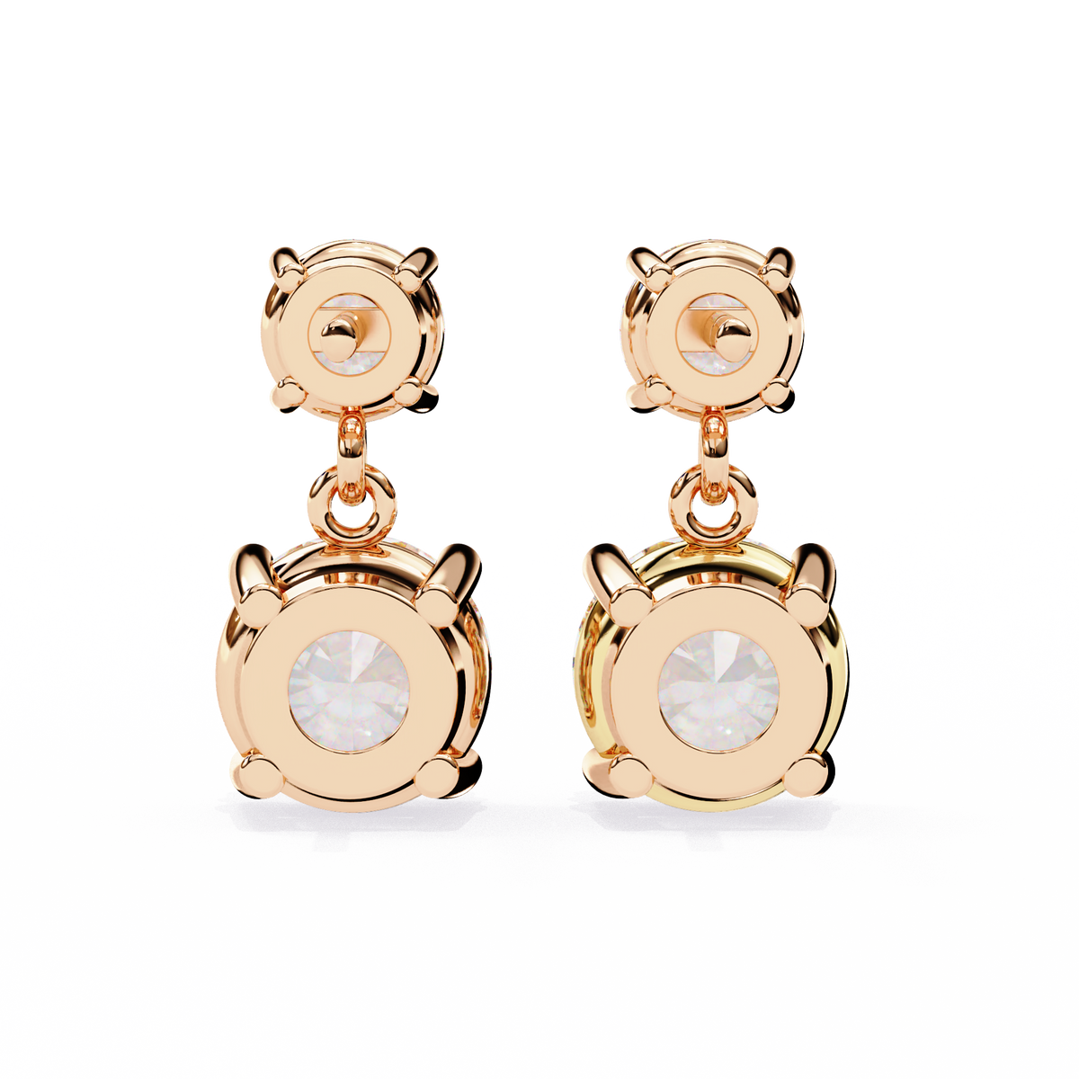 Rose gold earrings with clear gemstones on a white background