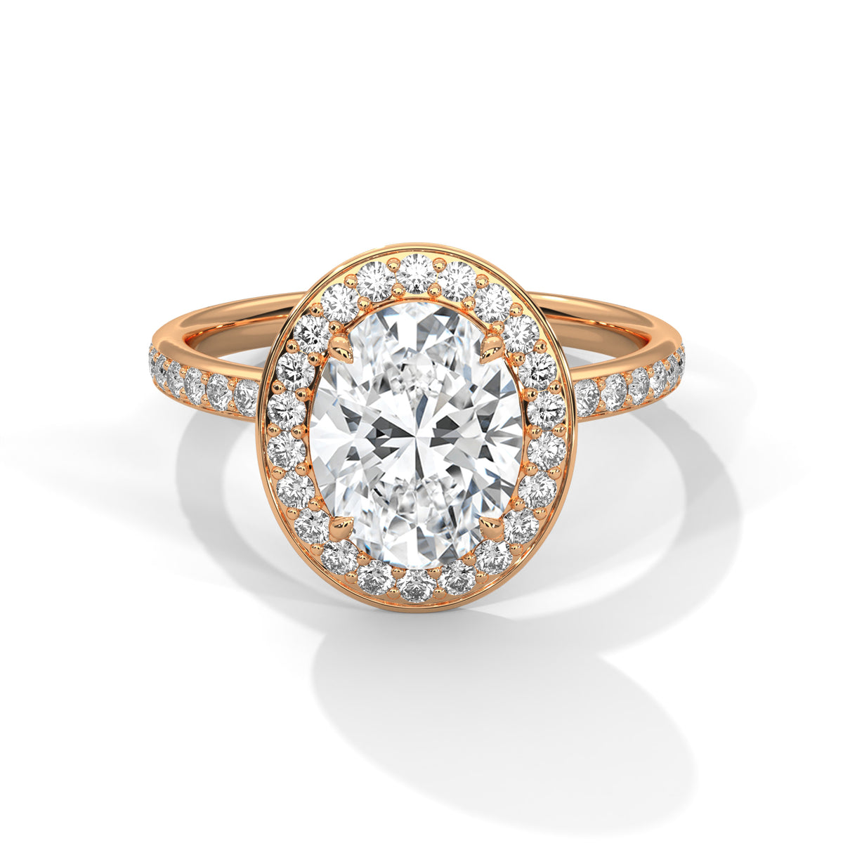 Rose gold ring with a large diamond and smaller diamonds on the band against a white background