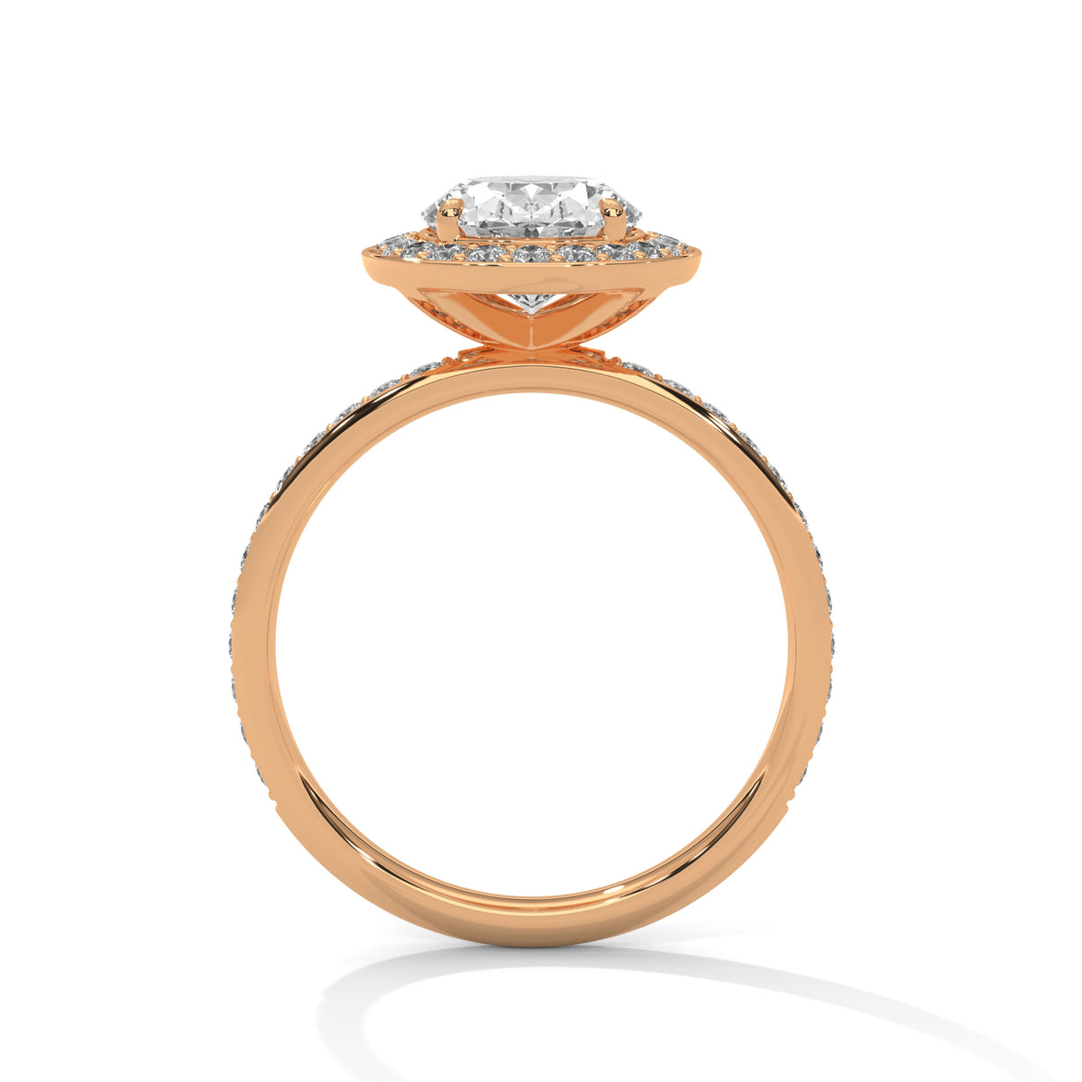 Rose gold ring with a diamond on a white background