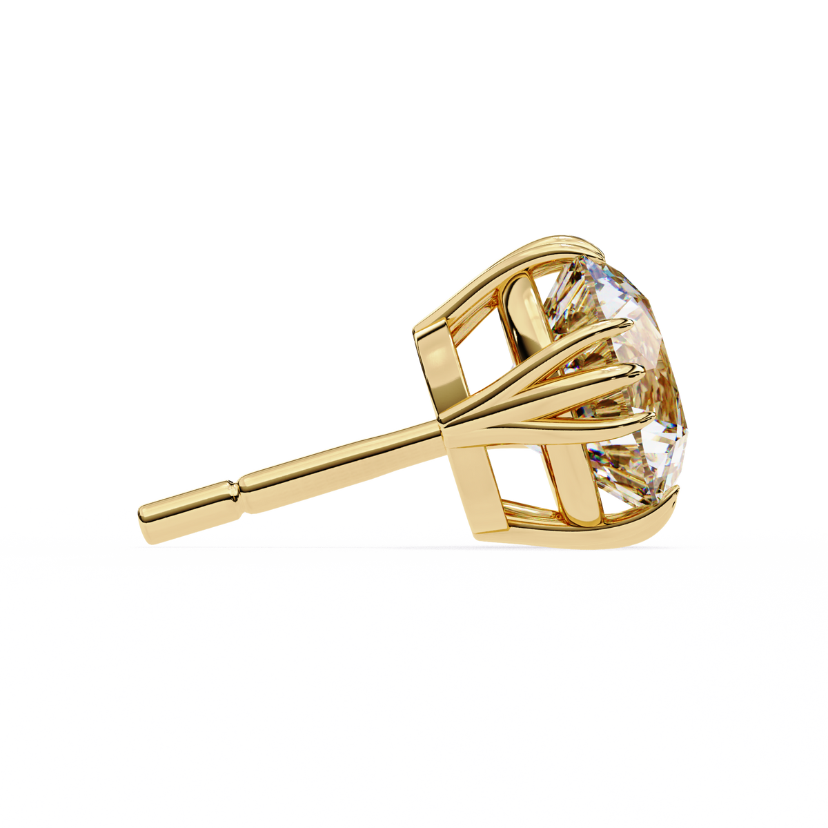 Gold earring with a clear gemstone on a white background