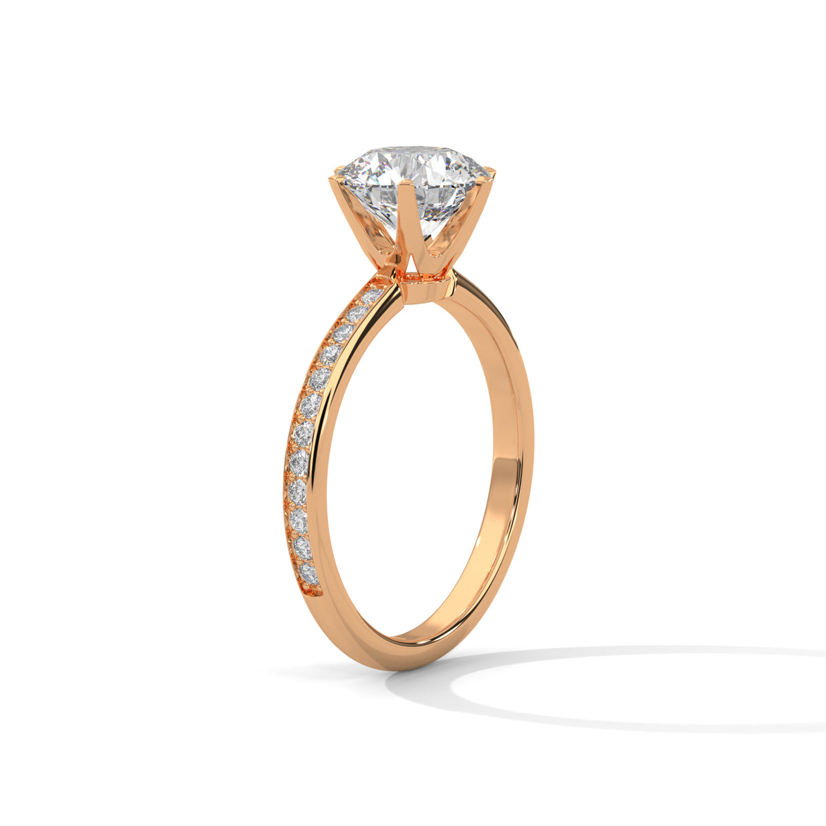 Rose gold ring with a diamond on a white background