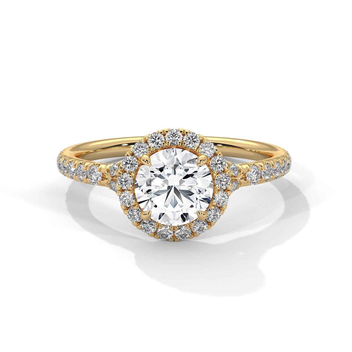 Round Cut Diamond Halo Engagement Ring with Cathedral Pavé