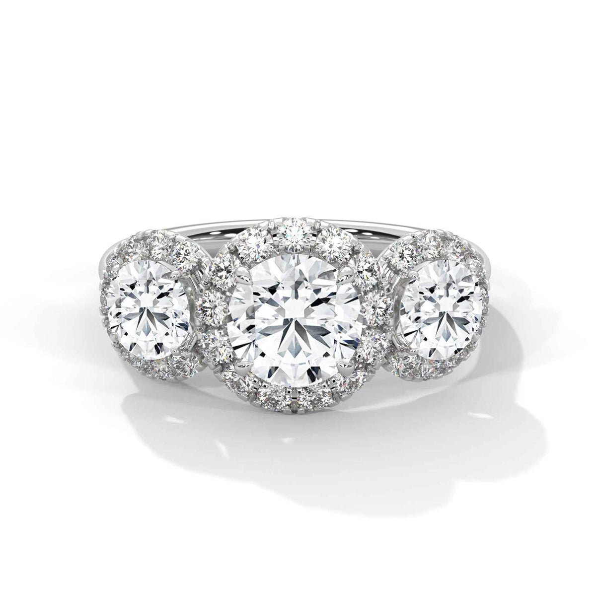 Three Stone Round Lab Grown Diamond Triple Halo Engagement Ring