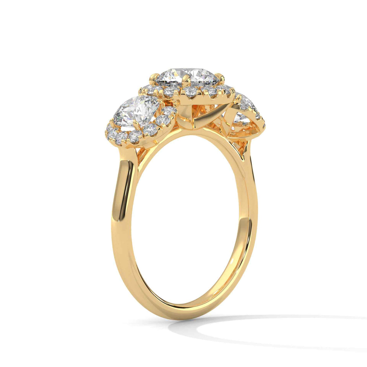 Three Stone Round Lab Grown Diamond Triple Halo Engagement Ring