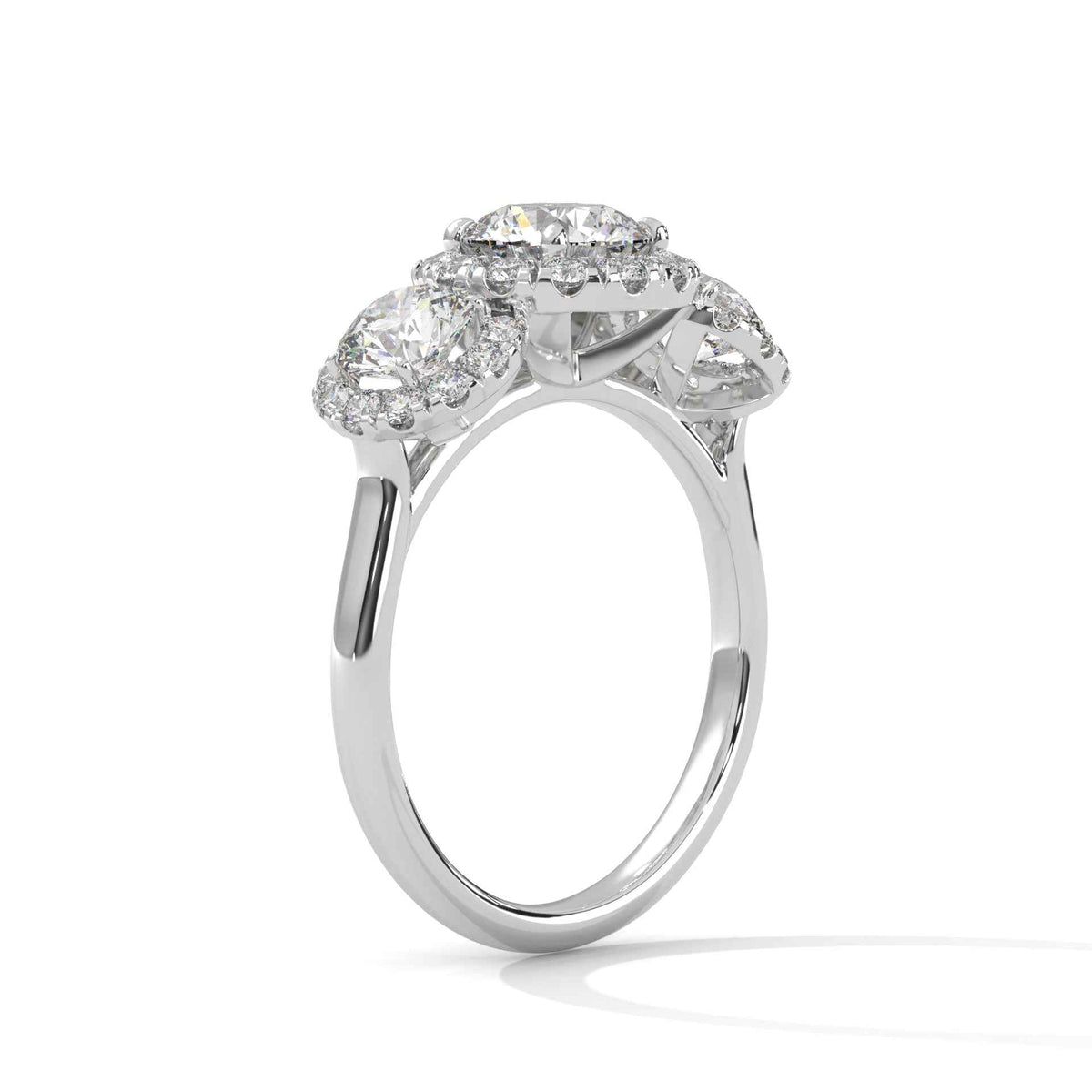 Three Stone Round Lab Grown Diamond Triple Halo Engagement Ring