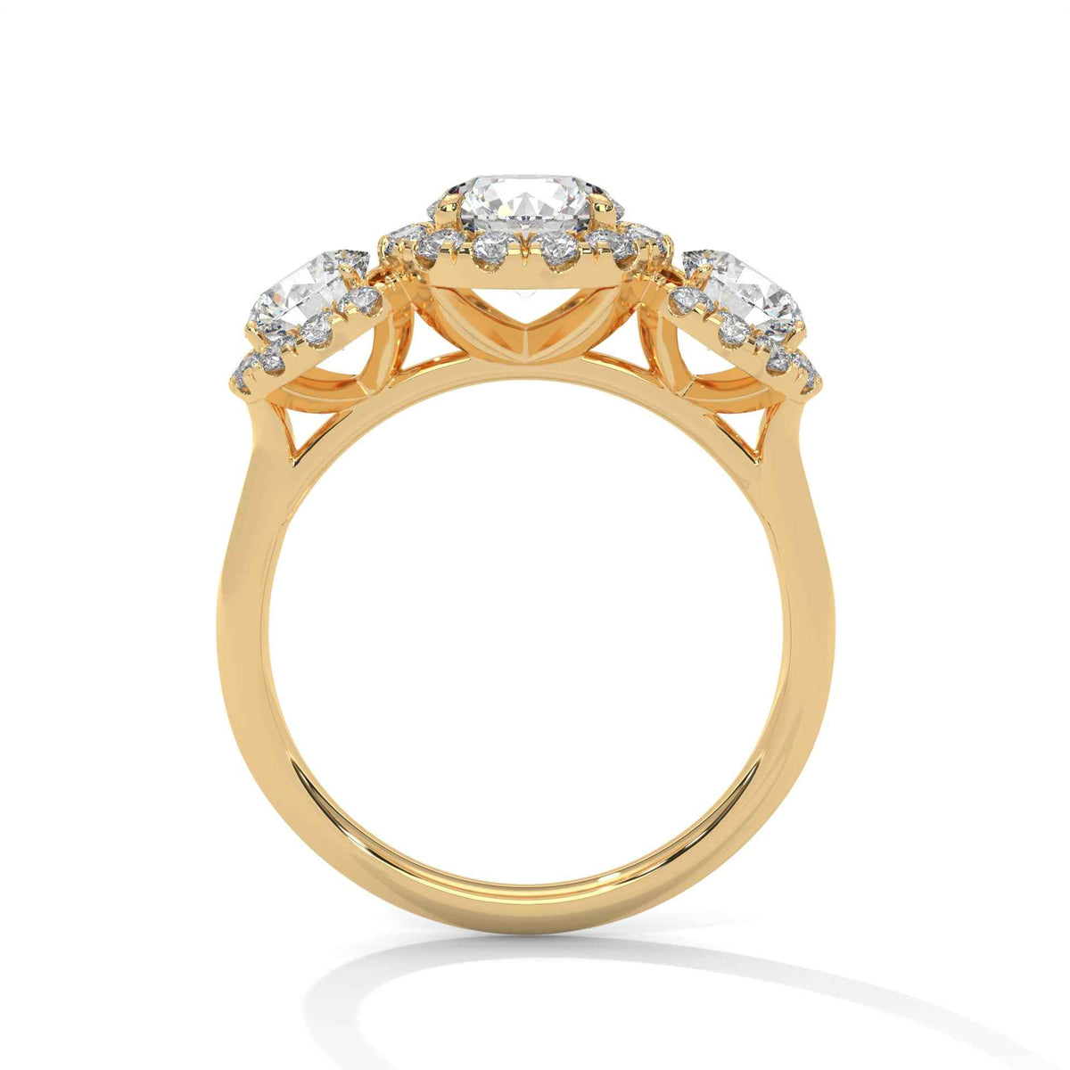 Three Stone Round Lab Grown Diamond Triple Halo Engagement Ring